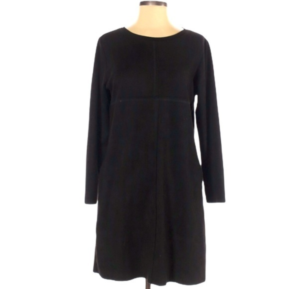 JOH S black A line long sleeve faux suede raw seam dark‎ academia classic dress